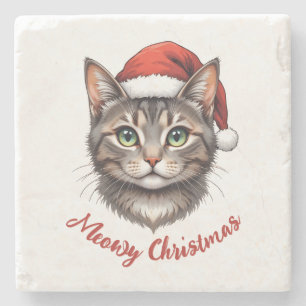 Dessous-de-verre En Pierre Chat de Noël mignon personnalisé avec chapeau de P