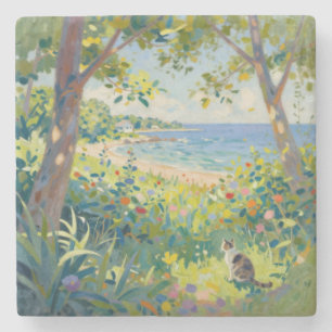 Dessous-de-verre En Pierre Chat Fleurs Et Mer