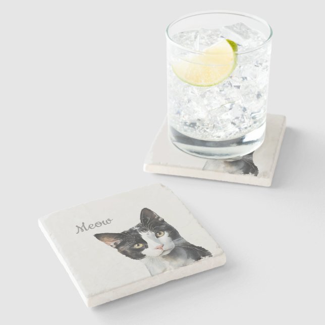 Dessous-de-verre En Pierre Chat noir blanc de viande (Côté)