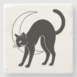Dessous-de-verre En Pierre Chat noir et lune croissante en dessin au trait