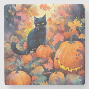 Dessous-de-verre En Pierre Chat noir Halloween avec citrouilles effrayantes