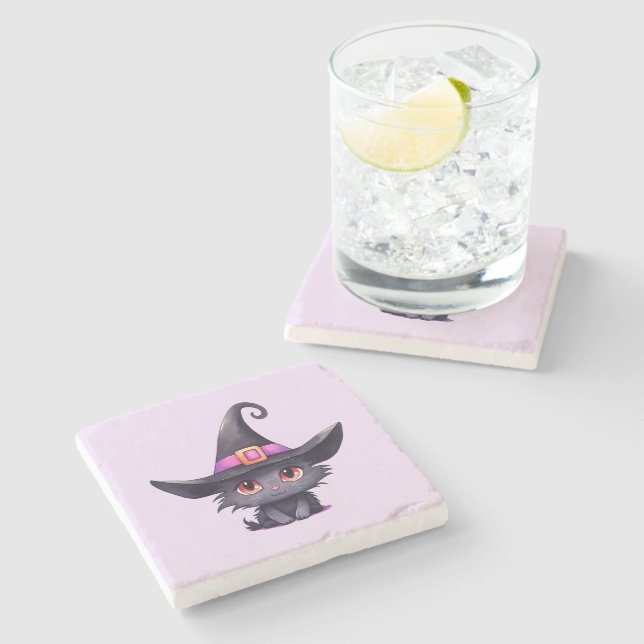 Dessous-de-verre En Pierre Chat noir mignon portant un Casquette de sorcière (Côté)