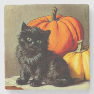 Dessous-de-verre En Pierre Chat noir vintage d'Halloween et Citrouilles