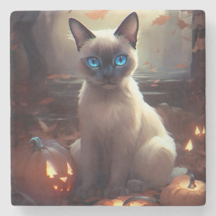 Dessous-de-verre En Pierre Chat Siamais Halloween Avec Peur Citrouille