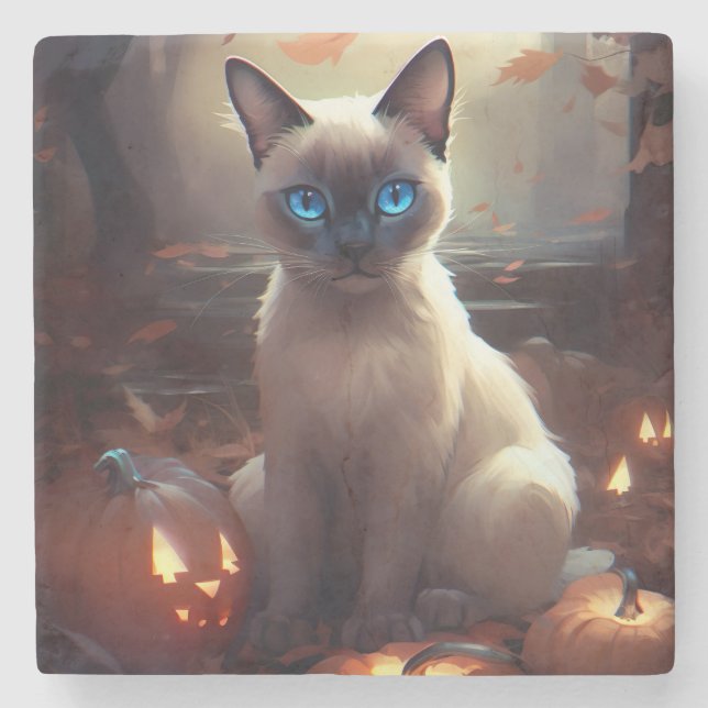 Dessous-de-verre En Pierre Chat Siamais Halloween Avec Peur Citrouille (Devant)