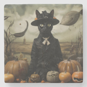 Dessous-de-verre En Pierre Chat Sorcière avec Citrouilles 