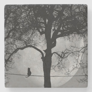 Dessous-de-verre En Pierre Chat sur un fil pleine lune