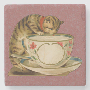 Dessous-de-verre En Pierre Chat Tasse à Thé Mignon Vintage Victorien Animal C