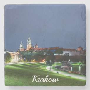 Dessous-de-verre En Pierre Château Wawel la nuit à Cracovie, Pologne