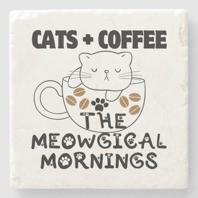 Dessous-de-verre En Pierre Chats + Café = Matins Meowgical.w (Devant)