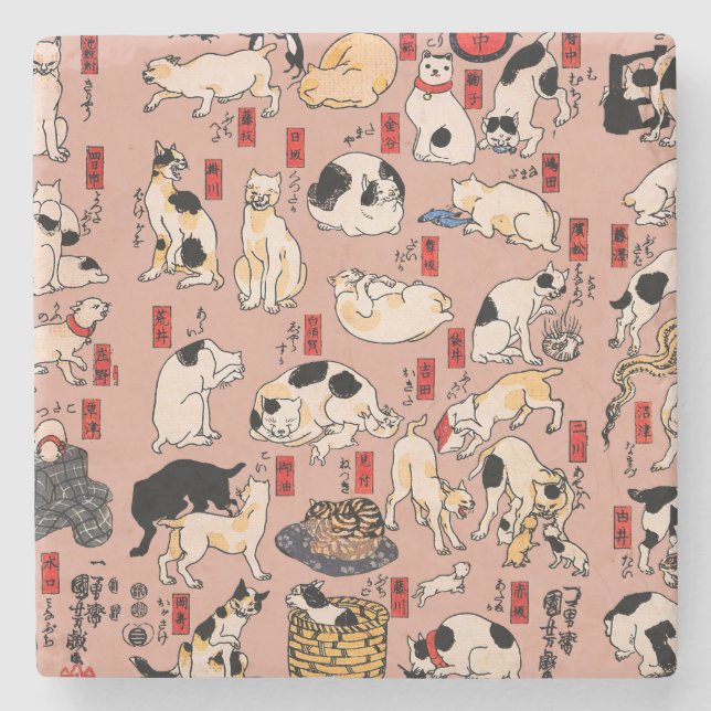 Dessous-de-verre En Pierre chats japonais Ukiyo-e Funny kitty (Devant)