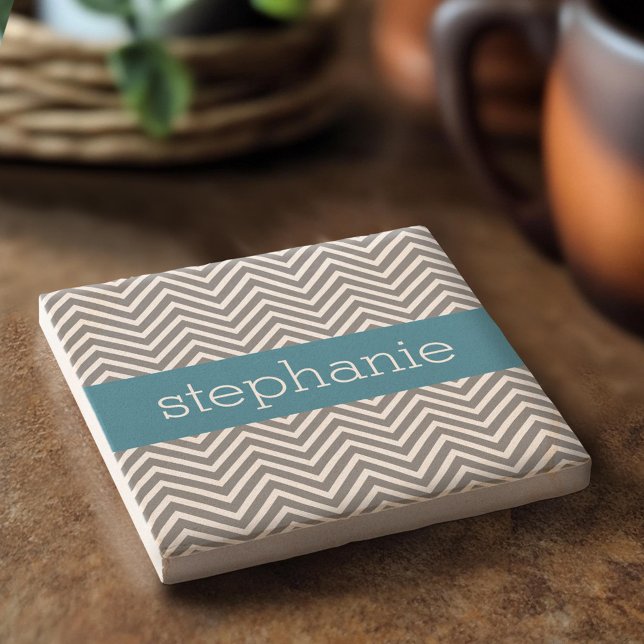 Dessous-de-verre En Pierre Chevrons Turquoise et Grey Nom personnalisé (Custom Stone Coaster)
