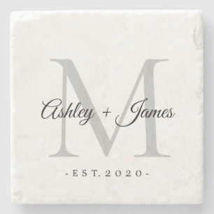 Dessous-de-verre En Pierre Chic Argent Monogramme Noms de script Mariage Date