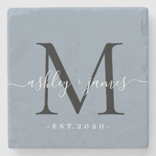 Dessous-de-verre En Pierre Chic Monogramme Écriture Nom Date de Mariage Bleu