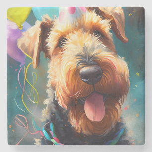 Dessous-de-verre En Pierre Chien Airedale avec chapeau d'anniversaire et ball