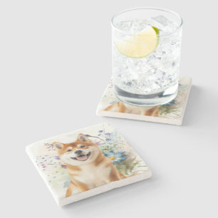 Dessous-de-verre En Pierre Chien Akita Shiba Inu avec Fleurs Aquarelles Bleue