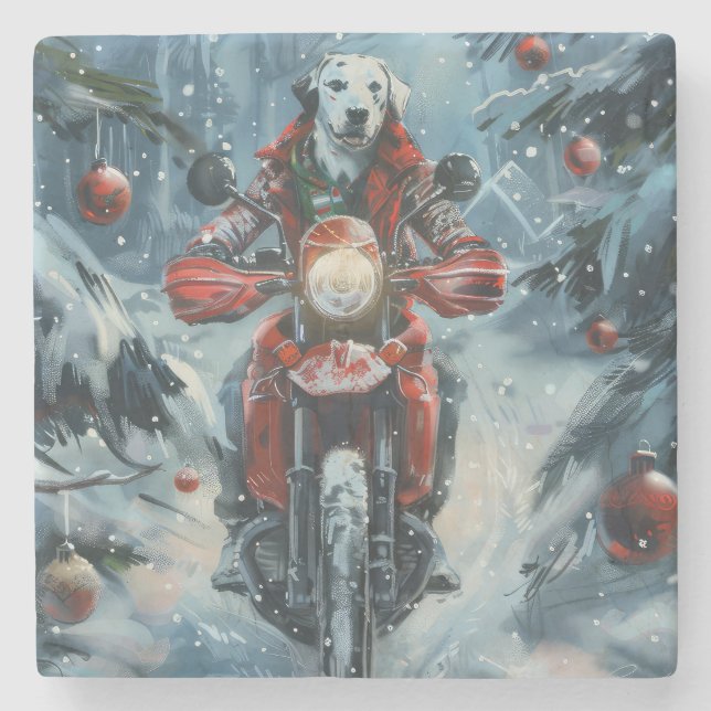 Dessous-de-verre En Pierre Chien dalmate équitation moto Noël (Devant)