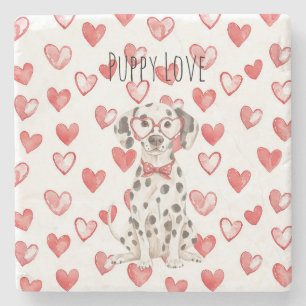Dessous-de-verre En Pierre Chien Dalmatien Noir Blanc Cravate Coeurs Rouges L