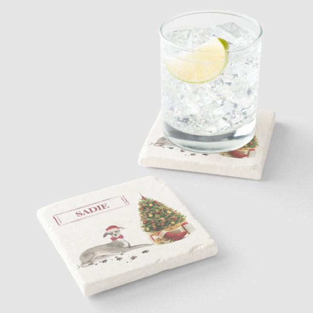 Dessous-de-verre En Pierre Chien de Noël italien Greyhound avec arbre (Côté)