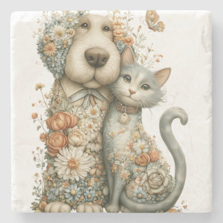 Dessous-de-verre En Pierre Chien et Chat Meilleurs Amis Couronnés de Fleurs