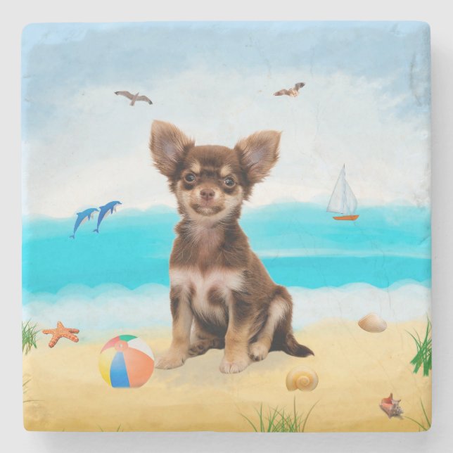 Dessous-de-verre En Pierre Chihuahua Dog sur la plage (Devant)