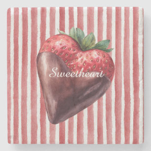 Dessous-de-verre En Pierre Chocolat Coeur de Fraise Rayures Rouges et Blanche
