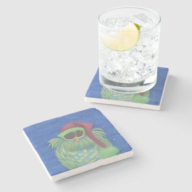 Dessous-de-verre En Pierre Chouette adorable avec chapeau de Santa (Côté)