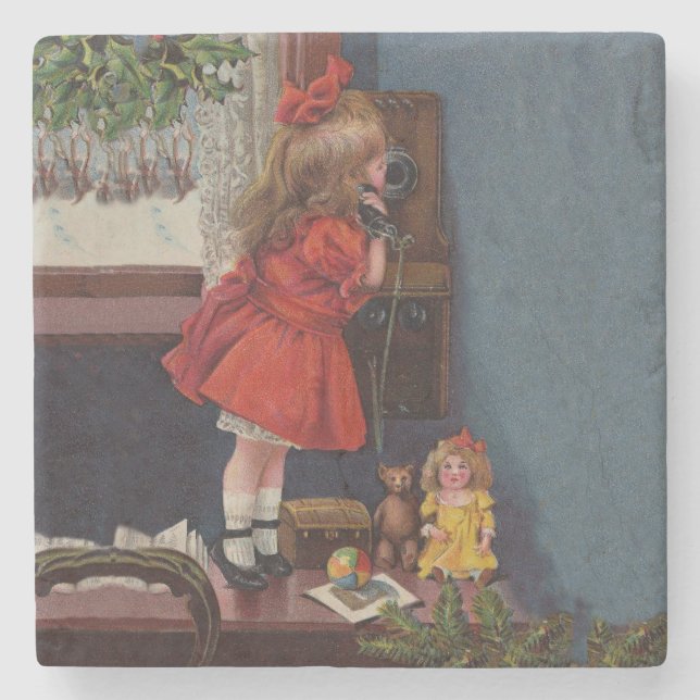 Dessous-de-verre En Pierre Christmas Little Girl Téléphone Antique (Devant)