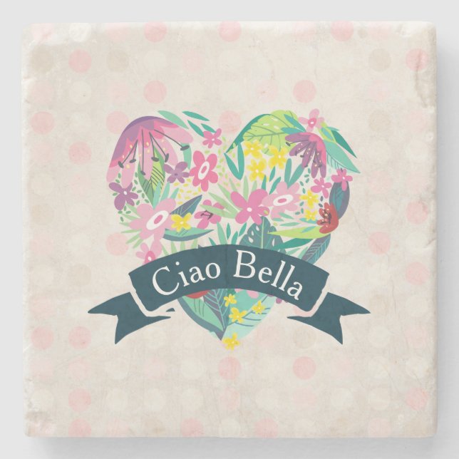 Dessous-de-verre En Pierre Ciao Bella Cute Coeur Floral avec Fleurs Tropicale (Devant)