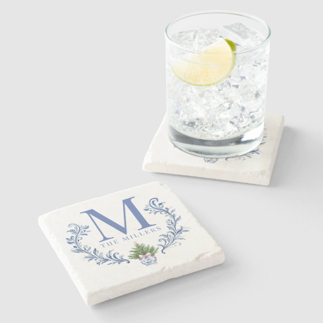 Dessous-de-verre En Pierre Cimetière Monogramme Bleu avec arbre de Noël (Côté)