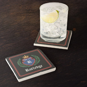 Dessous-de-verre En Pierre Cimier bleu rouge monogramme Couronne Laurel Wreat