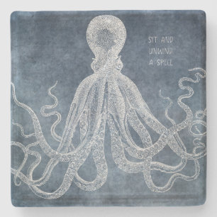 Dessous-de-verre En Pierre Citation d'aquarelle bleu octopus twilight Vintage