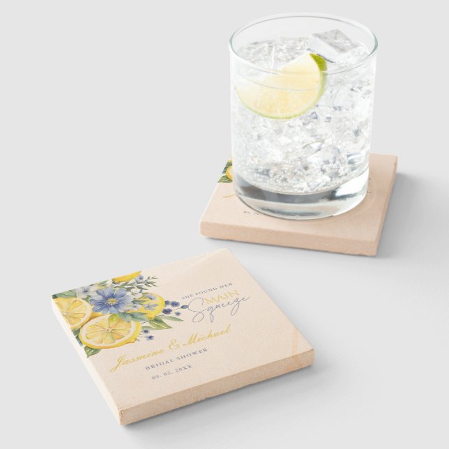Dessous-de-verre En Pierre Citron bleu floral Fête des mariées (Côté)
