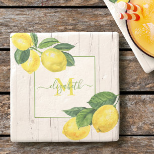 Dessous-de-verre En Pierre Citron de pays monogrammé aquarelle sur bois rusti