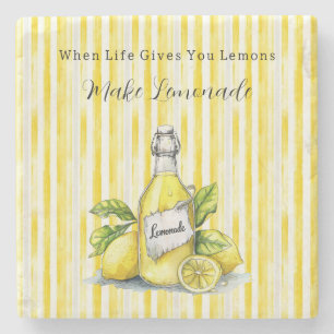 Dessous-de-verre En Pierre Citron Jaune Rayures Blanches Limonade