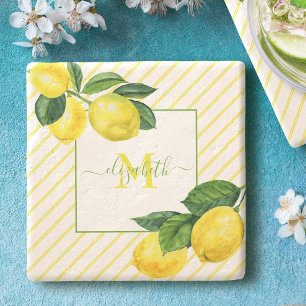 Dessous-de-verre En Pierre Citrons monogramme aquarelle rayures rustique camp