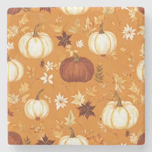 Dessous-de-verre En Pierre Citrouille Brown Floral Automne et automne Motif (Devant)