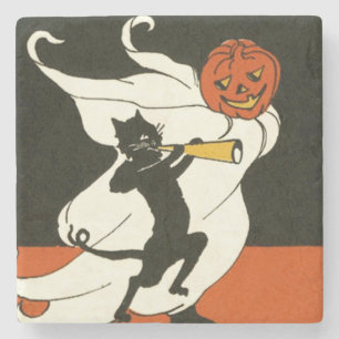 Dessous-de-verre En Pierre Citrouille Chat Noir Fantôme Corne