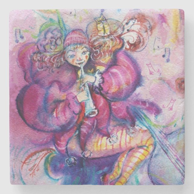 DESSOUS-DE-VERRE EN PIERRE CLOWN MUSICAL ROSE (Devant)