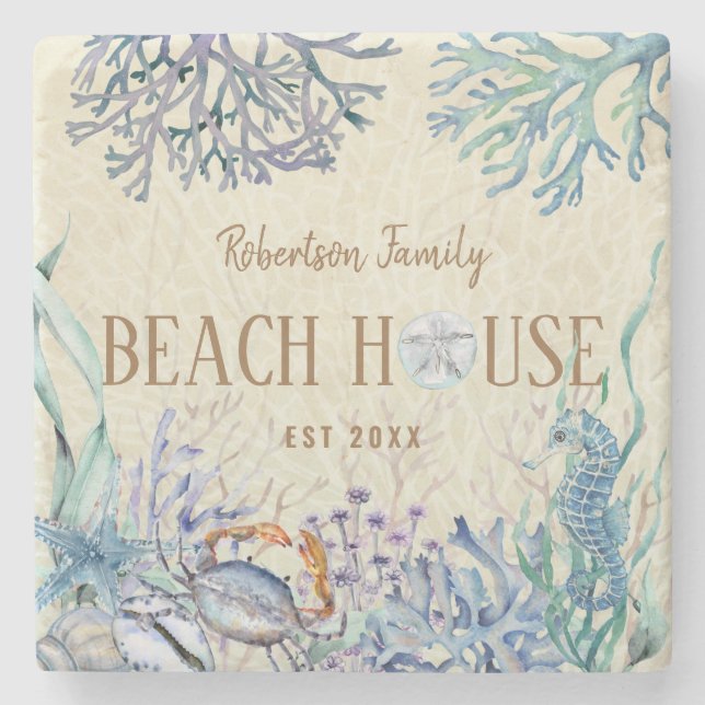 Dessous-de-verre En Pierre Coastal Beach House Nom de famille (Devant)