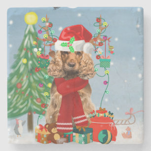 Dessous-de-verre En Pierre Cocker Spaniel Chien en neige avec cadeaux de Noël