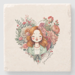Dessous-de-verre En Pierre Coeur des fleurs - Femme encadrée dans le coeur fl
