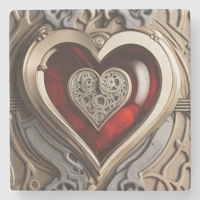 Dessous-de-verre En Pierre Coeur Steampunk - Amour mécanique complexe (Devant)
