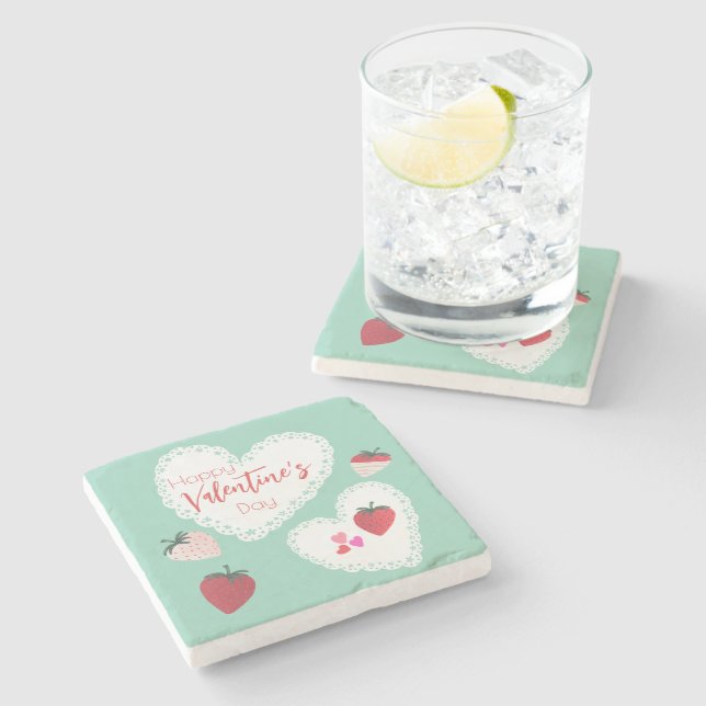 Dessous-de-verre En Pierre Coeurs et fraises Joyeuse Saint Valentin (Côté)