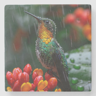 Dessous-de-verre En Pierre Colibri perché sur une fleur brillante
