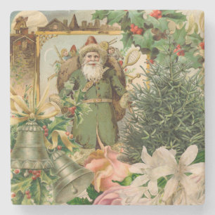 Dessous-de-verre En Pierre Collage de Noël Père Noël vert de l'ancien monde A