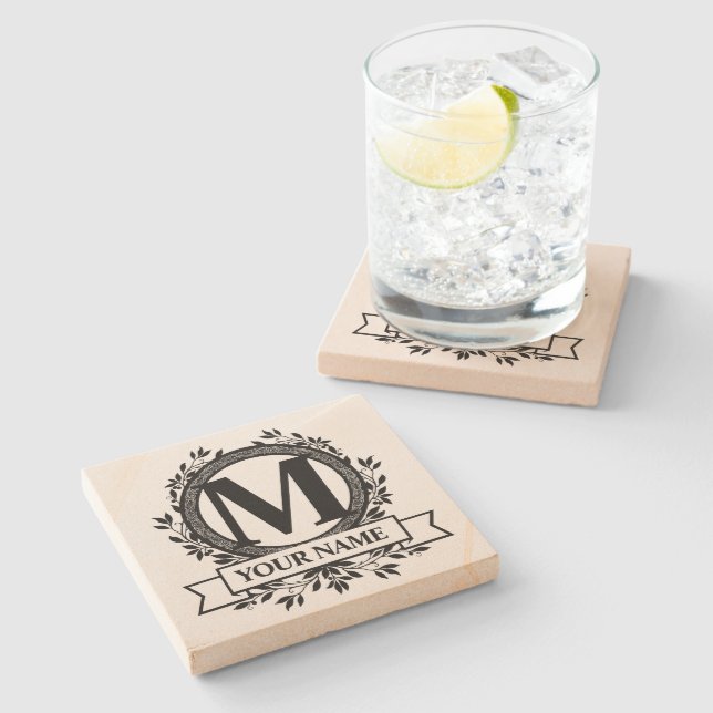 Dessous-de-verre En Pierre Conception de monogramme floral (Côté)