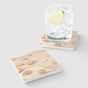 Dessous-de-verre En Pierre Coquillages dans le Sable   Aquarelle Océan Plage