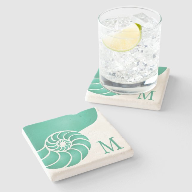 Dessous-de-verre En Pierre Coquille profonde de Nautilus Aqua avec Monogramme (Côté)