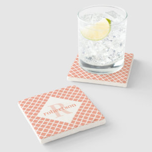 Dessous-de-verre En Pierre Corail et blanc Géométrique moderne Monogramme